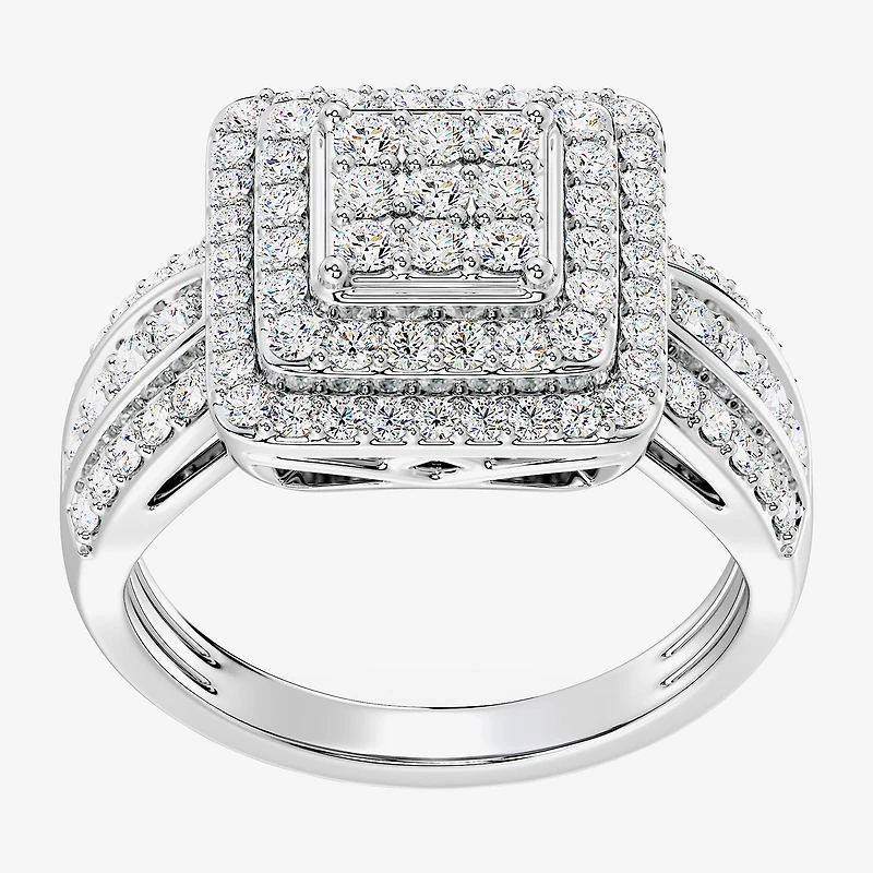 Womens 1 CT. T.W. Lab Grown White Diamond Sterling Silver Cushion Halo Side Stone Cocktail Ring