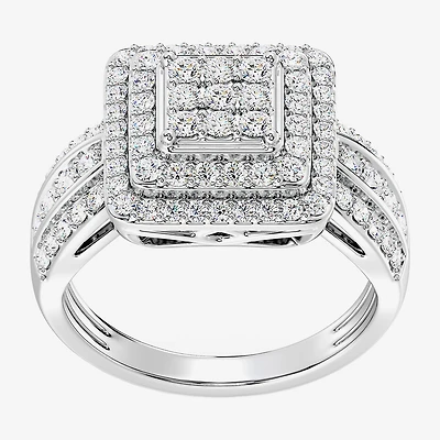 Womens 1 CT. T.W. Lab Grown White Diamond Sterling Silver Cushion Halo Side Stone Cocktail Ring