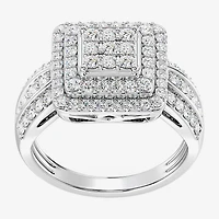 Womens 1 CT. T.W. Lab Grown White Diamond Sterling Silver Cushion Halo Side Stone Cocktail Ring