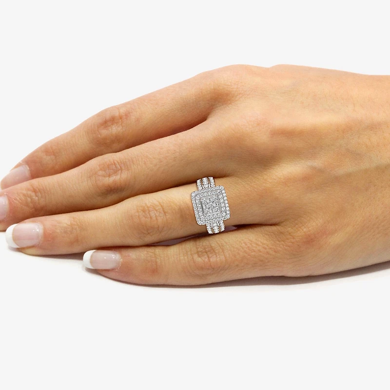 Womens 1 CT. T.W. Lab Grown White Diamond Sterling Silver Cushion Halo Side Stone Cocktail Ring