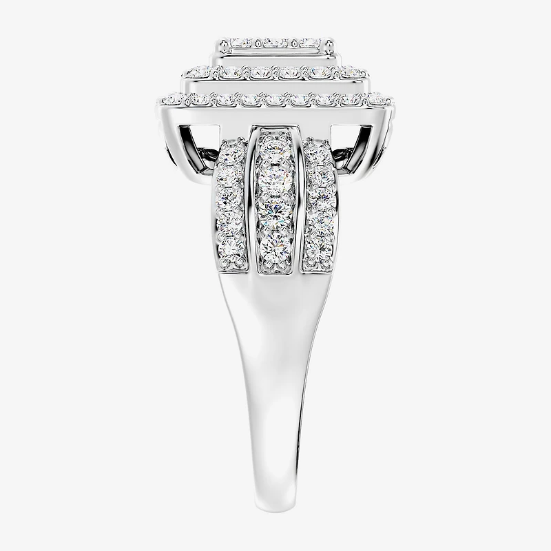 Womens 1 CT. T.W. Lab Grown White Diamond Sterling Silver Cushion Halo Side Stone Cocktail Ring