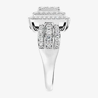 Womens 1 CT. T.W. Lab Grown White Diamond Sterling Silver Cushion Halo Side Stone Cocktail Ring