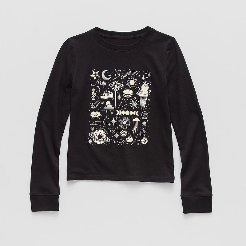 Thereabouts Little & Big Kid Girls Crew Neck Long Sleeve Regular Fit Graphic T-Shirt