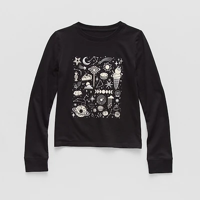 Thereabouts Little & Big Kid Girls Crew Neck Long Sleeve Regular Fit Graphic T-Shirt