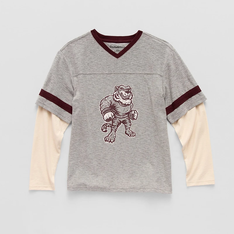 Thereabouts Little & Big Kid Boys V Neck Long Sleeve Regular Fit Graphic T-Shirt