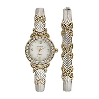 Elgin Womens Crystal-Accent Two-Tone Bangle and Watch Set