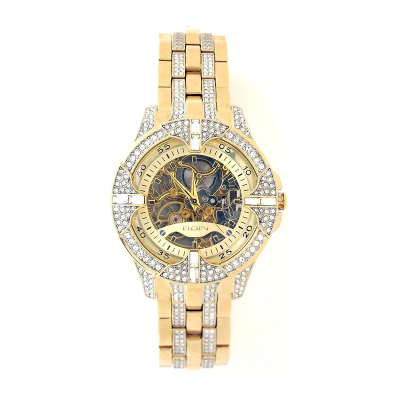 Elgin Mens Crystal-Accent Gold-Tone Skeleton Automatic Watch