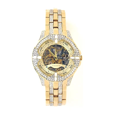 Elgin Mens Crystal-Accent Gold-Tone Skeleton Automatic Watch