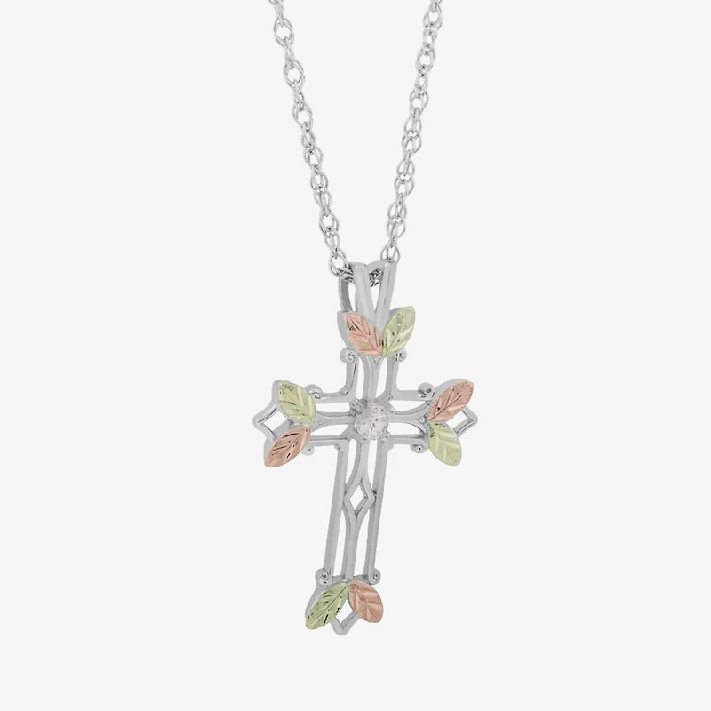 Womens White Cubic Zirconia Sterling Silver Cross 18 Inch Pendant Necklace