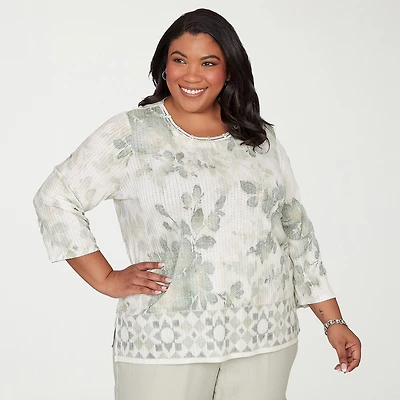 Alfred Dunner Vintage Charm Womens Plus Crew Neck 3/4 Sleeve T-Shirt