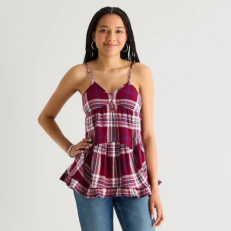 Arizona Womens Juniors V Neck Sleeveless Babydoll Top