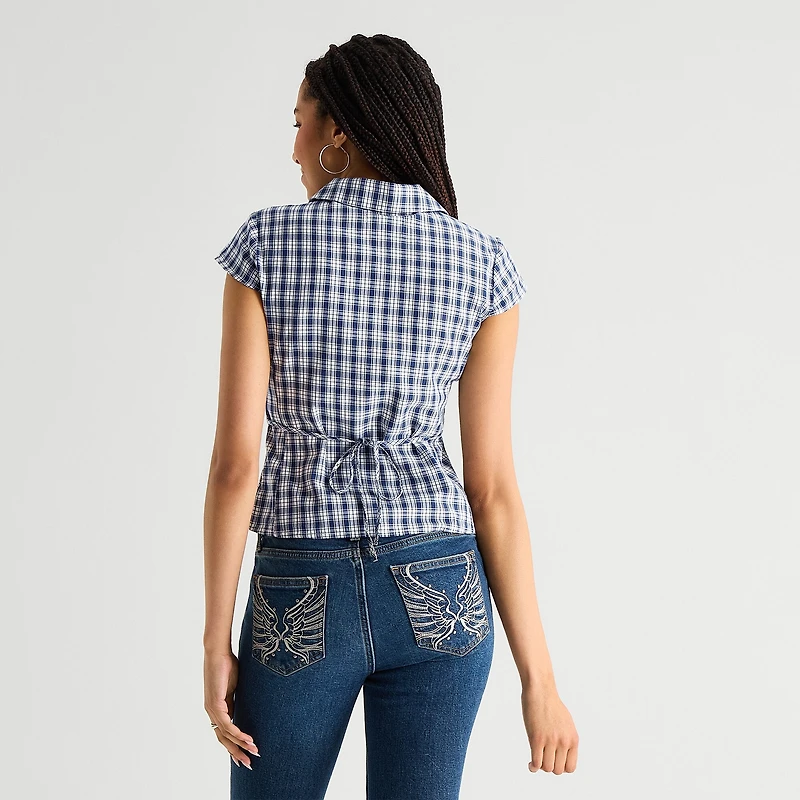 Arizona Womens Juniors Cap Short Sleeve Regular Fit Button-Down Shirt