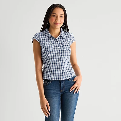 Arizona Womens Juniors Cap Short Sleeve Regular Fit Button-Down Shirt