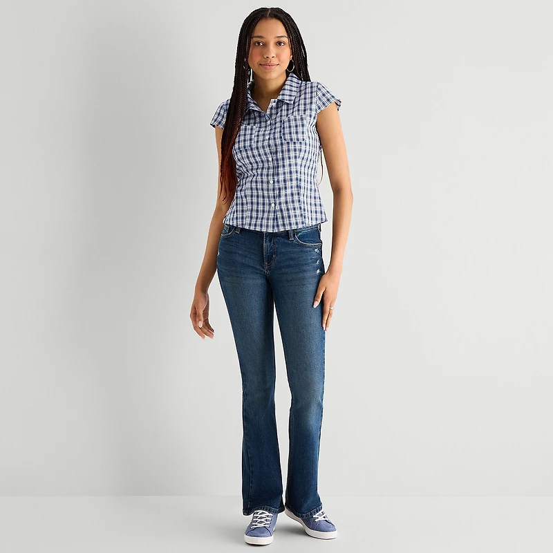 Arizona Womens Juniors Cap Short Sleeve Regular Fit Button-Down Shirt
