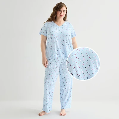Jaclyn Womens V-Neck Short Sleeve 2-pc. Plus Pajama Set