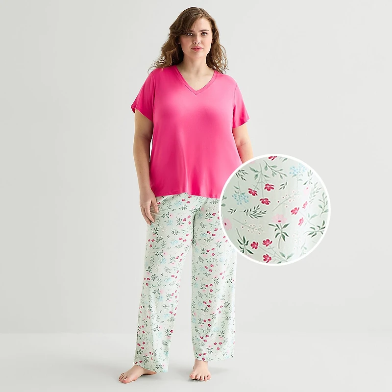 Jaclyn Womens V-Neck Short Sleeve 2-pc. Plus Pajama Set