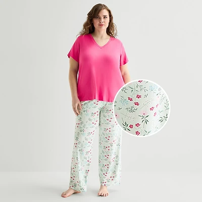 Jaclyn Womens V-Neck Short Sleeve 2-pc. Plus Pajama Set