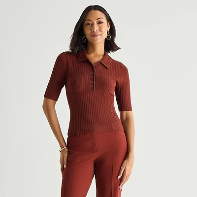 Liz Claiborne Womens Elbow Sleeve Polo Sweater