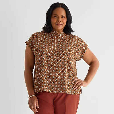 Liz Claiborne Womens Plus Crew Neck Short Sleeve Blouse