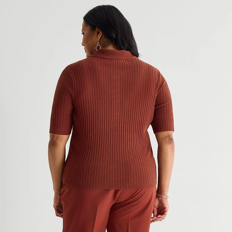 Liz Claiborne Plus Womens Elbow Sleeve Polo Sweater