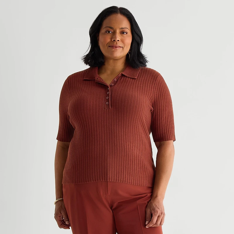Liz Claiborne Plus Womens Elbow Sleeve Polo Sweater