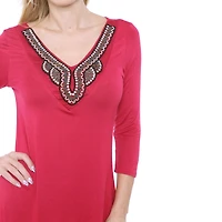 White Mark Tonya Womens V Neck 3/4 Sleeve Embellished Tunic Top