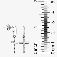 Womens Cubic Zirconia Sterling Silver Cross Drop Earrings