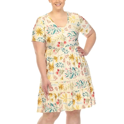 White Mark Womens Plus Scoop Neck Short Sleeve Fitted Floral Fit + Flare Dress