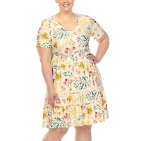 White Mark Womens Plus Scoop Neck Short Sleeve Fitted Floral Fit + Flare Dress