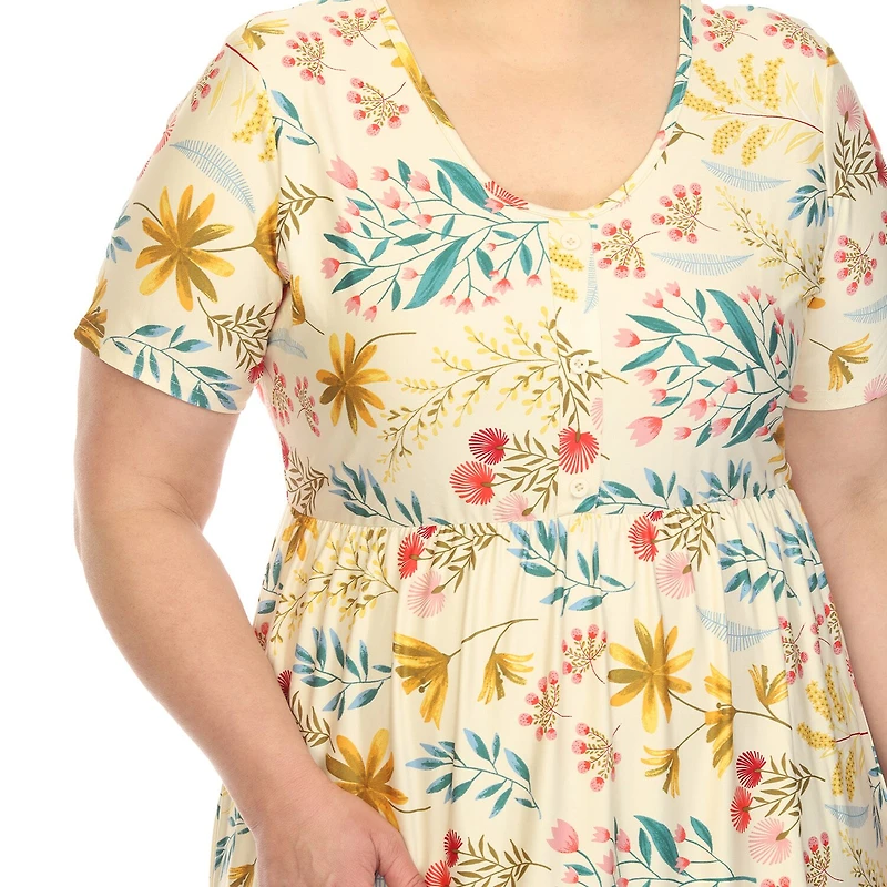 White Mark Womens Plus Scoop Neck Short Sleeve Fitted Floral Fit + Flare Dress