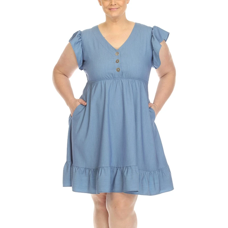 White Mark Womens Plus V Neck Short Sleeve Flutter Empire Waist Dress