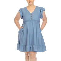 White Mark Womens Plus V Neck Short Sleeve Flutter Empire Waist Dress