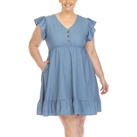 White Mark Womens Plus V Neck Short Sleeve Flutter Empire Waist Dress