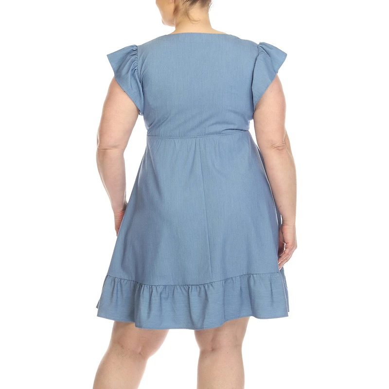 White Mark Womens Plus V Neck Short Sleeve Flutter Empire Waist Dress