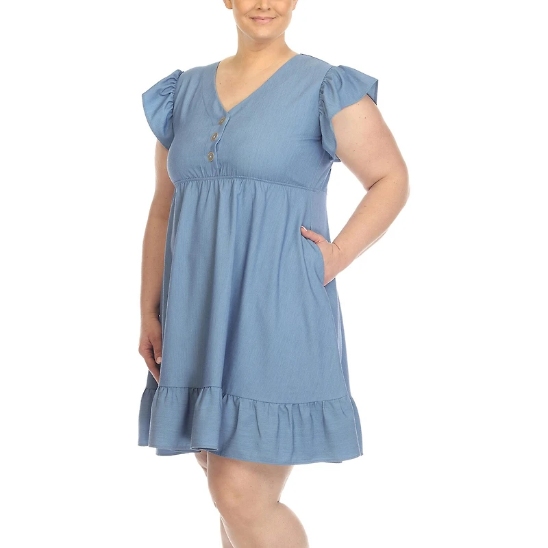 White Mark Womens Plus V Neck Short Sleeve Flutter Empire Waist Dress