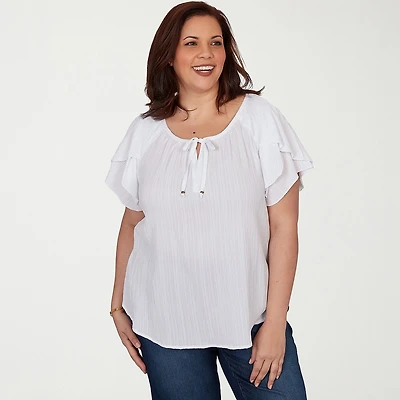 Hearts Of Palm Womens Plus Split Tie Neck Short Sleeve Blouse