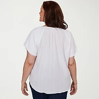Hearts Of Palm Womens Plus Split Tie Neck Short Sleeve Blouse