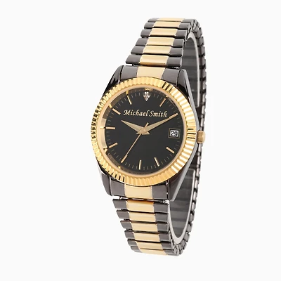 Personalized Mens Black And Gold Tone Diamond Accent Expansion Watch