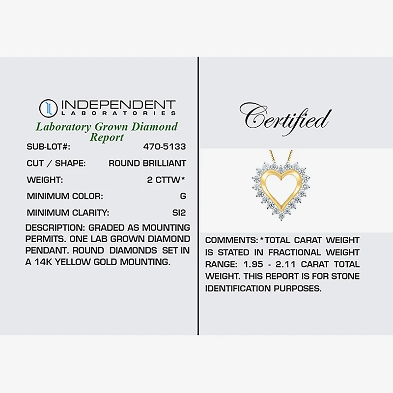 (G / Si2) Womens 2 CT. T.W. Lab Grown White Diamond 14K Gold Heart 18 Inch Pendant Necklace
