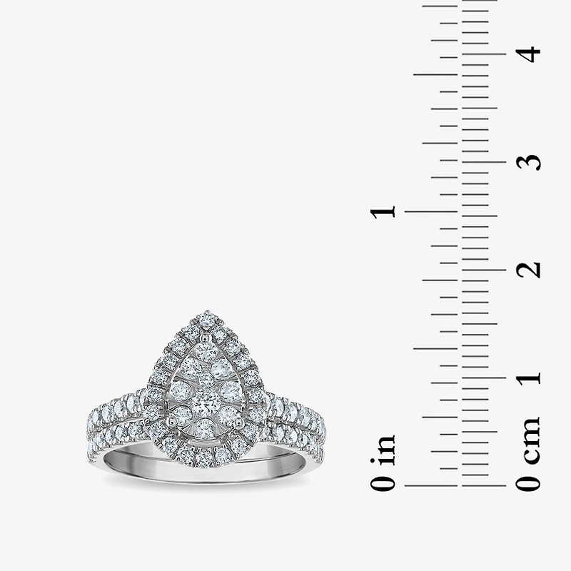 Signature By Modern Bride Womens 1 CT. T.W. Natural White Diamond 10K White Gold Pear Side Stone Halo Bridal Set