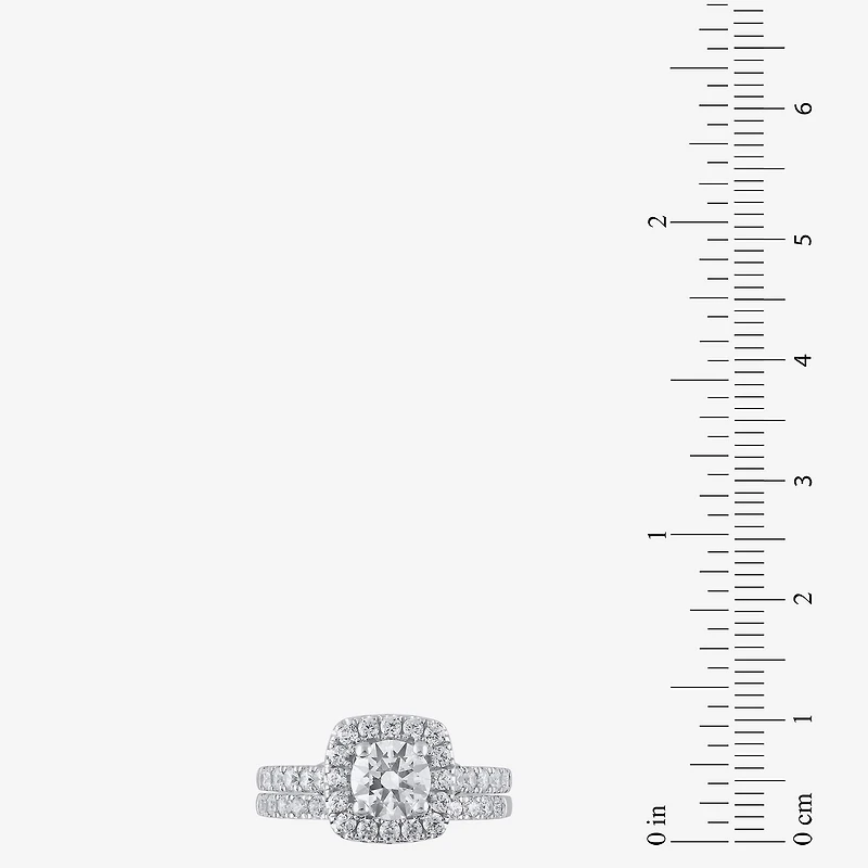 (H-I / I1) Womens 2 CT. T.W. Lab Grown White Diamond 10K Gold Cushion Side Stone Halo Bridal Set