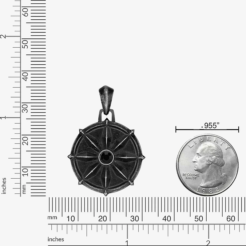 Mens Black Spinel Stainless Steel Round 24 Inch Pendant Necklace