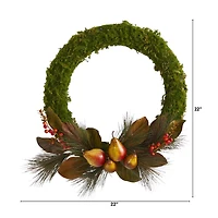 Nearly Natural 22in Faux Pear; Magnolia; And Moss Wreath