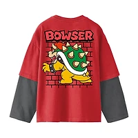 Little & Big Kid Boys Crew Neck Long Sleeve Regular Fit Super Mario Bowser Graphic T-Shirt