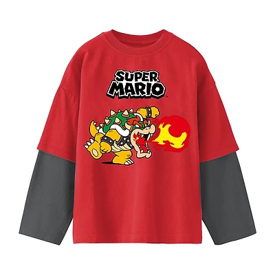 Little & Big Kid Boys Crew Neck Long Sleeve Regular Fit Super Mario Bowser Graphic T-Shirt