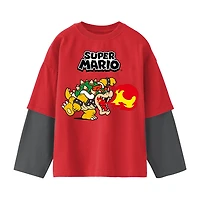 Little & Big Kid Boys Crew Neck Long Sleeve Regular Fit Super Mario Bowser Graphic T-Shirt