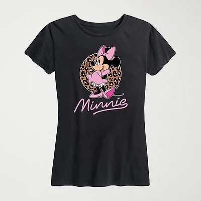 Leopard Print Womens Plus Crew Neck Short Sleeve Regular Fit Minnie Mouse Graphic T-Shirt