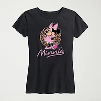 Leopard Print Womens Plus Crew Neck Short Sleeve Regular Fit Minnie Mouse Graphic T-Shirt