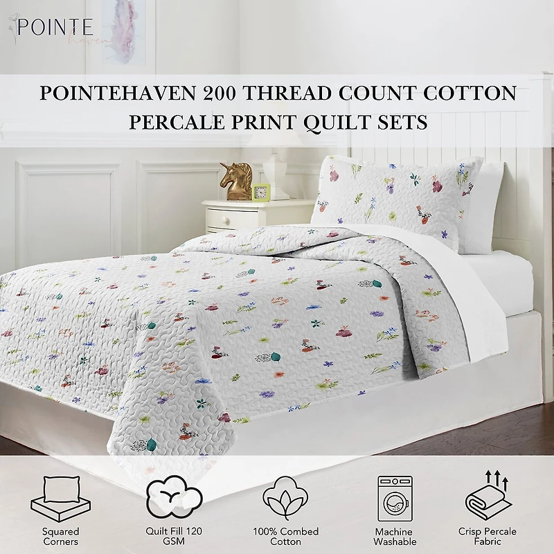 Pointehaven Percale Printed Scroll Design Reversible Quilt Set