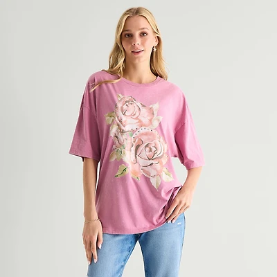 Roses Oversized Tee Womens Juniors Crew Neck Short Sleeve Graphic T-Shirt